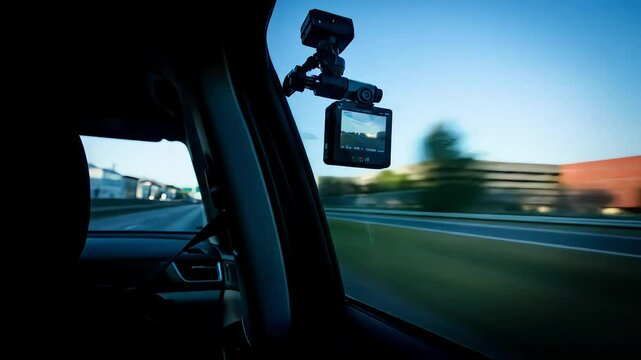A dashboard camera is mounted inside a car, recording the view from the windshield as the vehicle drives on a highway
