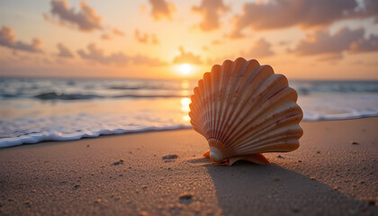 Golden Sunset with Seashell on Sandy Beach and Gentle Waves
