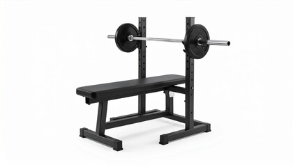 A black padded weight bench with a racked barbell and evenly placed weight plates, designed for strength training and muscle-building exercises—ideal for gym environments or home fitness setups.