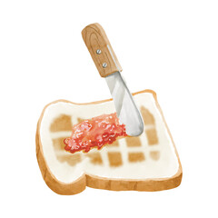 watercolor strawberry jam with jam knife. Warm tone and watercolor texture perfect for home made menu, packaging, label.