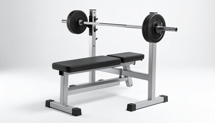 A black padded weight bench with a racked barbell and evenly placed weight plates, designed for strength training and muscle-building exercises—ideal for gym environments or home fitness setups.
