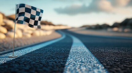 Checkered flag on a winding road at sunset