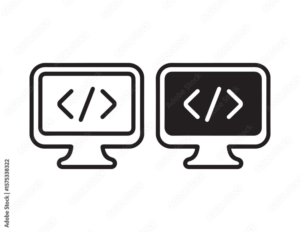 Fototapete Computer screen with code symbols in outline and solid fill isolated on white background