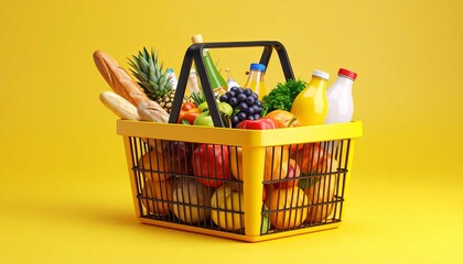 A vibrant grocery basket overflowing with fresh fruits, vegetables, and daily food essentials set against a bright yellow background.