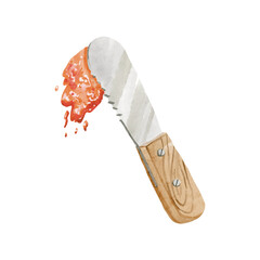 watercolor strawberry jam with jam knife. Warm tone and watercolor texture perfect for home made menu, packaging, label.