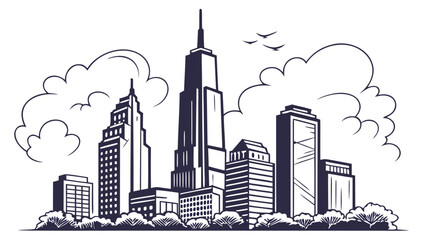 Obraz premium Cityscape skyline drawing of urban buildings and skyscrapers black and white vector illustration art