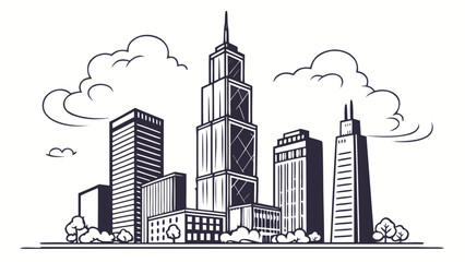 Obraz premium Downtown chicago skyline drawing with skyscrapers and clouds in black and white vector illustration