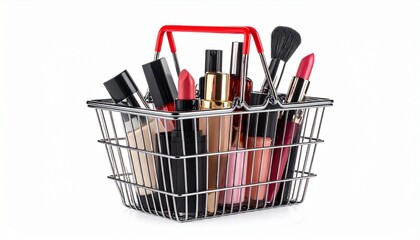 A metal beauty basket with red handles overflowing with a colorful assortment of makeup essentials—lipsticks, foundation bottles, brushes, and other cosmetics