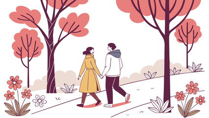 Illustration of loving couple walking in park with trees and flowers for romantic outdoor scene concept
