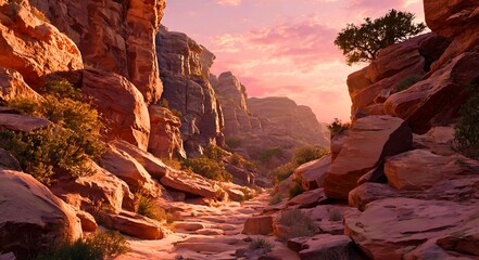 Dramatic desert canyon landscape bathed in warm golden hour light with pink clouds in the sky