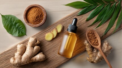 Stunning photo of aromatic ginger root extract serum with earthy tones natural ingredients for skincare. Beauty product design, natural remedy. Herbal oil in dropper bottle with.