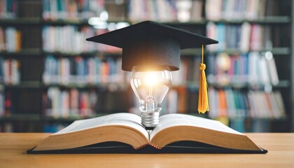 A glowing light bulb with a graduation cap resting atop an open book, symbolizing education, academic achievement, and intellectual enlightenment in a library setting.