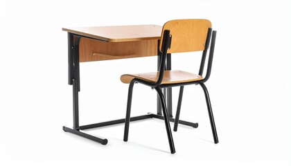 A classic wooden school desk and chair set with black metal legs, arranged for individual use—symbolizing traditional classroom furniture, student learning, and academic environment.