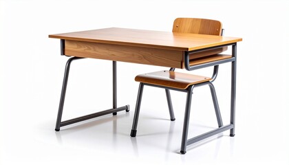 A classic wooden school desk and chair set with black metal legs, arranged for individual use—symbolizing traditional classroom furniture, student learning, and academic environment.