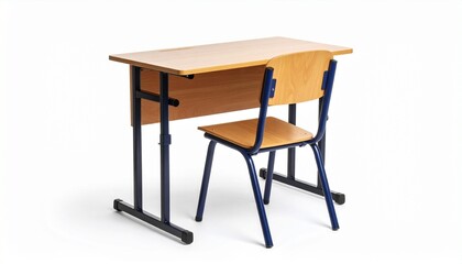 A classic wooden school desk and chair set with black metal legs, arranged for individual use—symbolizing traditional classroom furniture, student learning, and academic environment.