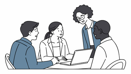 Illustration of business meeting with diverse team working on laptop for collaboration and brainstorming