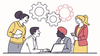 Obraz premium Illustration of business team collaboration and teamwork with gears for problem solving concept design