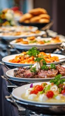 Stunning photo of catering company, office corporate canteen, assortment of dishes and snacks, buffet for a business party, serving dishes at the event.