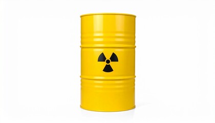 A yellow hazardous waste barrel with a black radiation symbol printed on the front, placed on a neutral surface—representing radioactive material storage and environmental safety concerns.