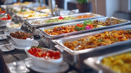 Stunning photo of catering company, office corporate canteen, assortment of dishes and snacks, buffet for a business party, serving dishes at the event.