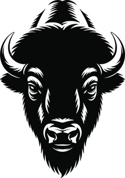 Fierce bison head black and white illustration buffalo