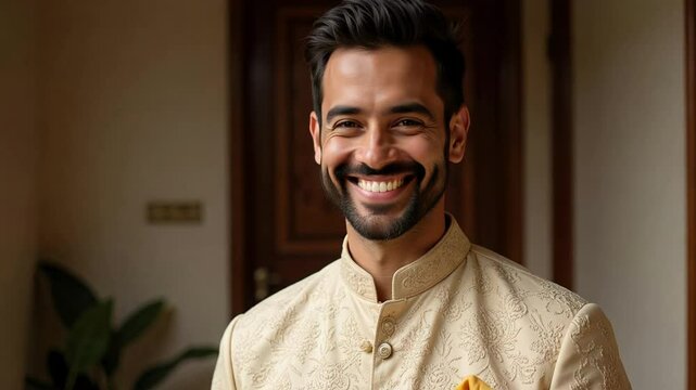 Indian Man in Kurta and Modi Jacket Looking at Camera with Warm Expression | Elegant Traditional Menswear in 4K Ultra HD Video Portrait