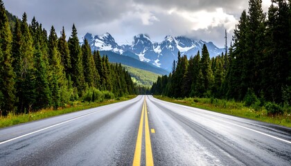Open Road Through Lush Forest with Mountain View, Driving Adventure, and Scenic Landscape.