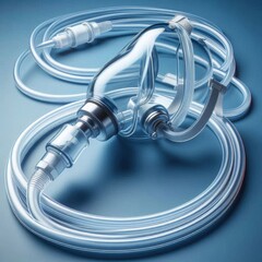 Transparent oxygen mask with tubing placed on a clean blue background