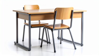 A classic wooden school desk and chair set with black metal legs, arranged for individual use—symbolizing traditional classroom furniture, student learning, and academic environment.