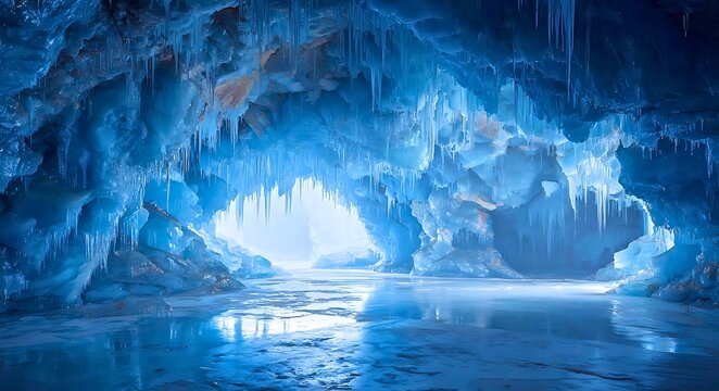 Enchanting blue ice cave with shimmering icicles hanging from the ceiling and a frozen reflective surface leading to a bright opening - Powered by Adobe