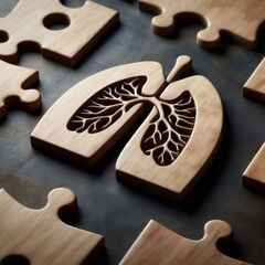 Wooden puzzle piece with lung shape engraved, placed on dark textured surface