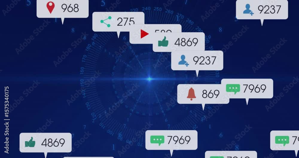 Poster glowing node starting notification badges clustering, scattering, fading on grid showing counts