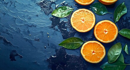 Freshly sliced oranges with green leaves and water droplets on a dark textured surface