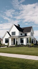 Stunning photo of brand new, white contemporary farmhouse with a dark shingled roof and black windows.