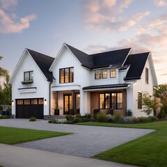 Stunning photo of brand new, white contemporary farmhouse with a dark shingled roof and black windows.
