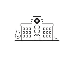 Simple outline drawing of a hospital building with a tree and bush isolated on white background