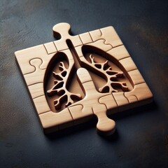 Wooden puzzle piece with lung shape engraved, placed on dark textured surface