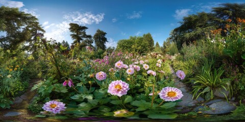 Panoramic 360 degrees view of vibrant flower garden in nature hdr hdri landscape