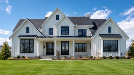 Stunning photo of brand new, white contemporary farmhouse with a dark shingled roof and black windows.