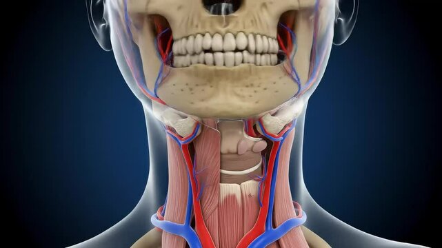 Human Skull and Neck Anatomy: Detailed Medical Visualization of Vessels and Muscles.