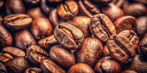 Obraz premium Macro photography reveals the intricate texture of aged, brown coffee beans.