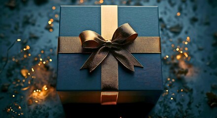 Elegant dark blue gift box adorned with a luxurious gold ribbon and bow set against a bokeh background of warm golden lights