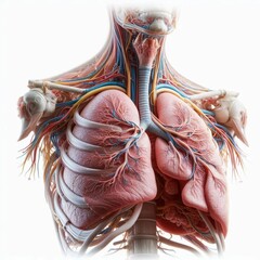 3D rendered medical model of the human respiratory system showing detailed inner structure of lungs