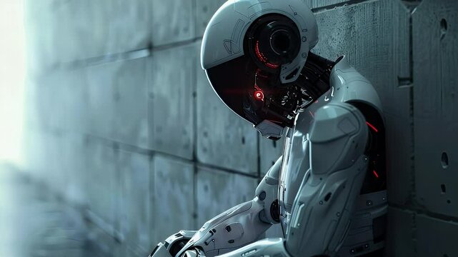 A robotic figure sits against a concrete wall in a dimly lit setting Red accents highlight details on the robot a scene of solitude and introspection is conveyed.