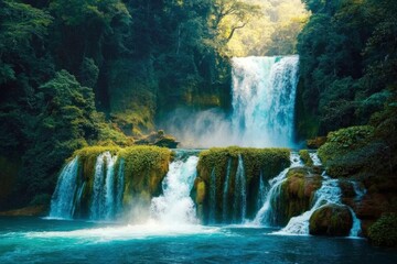 Stunning Waterfall Surrounded by Tropical Verdant Vegetation and Natural Rainbow Light