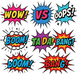 Comics signs. Boom, bang and wow sound effects in comic pop art style. Oops, Ta da and VS word in burst frame vector cartoon illustration set