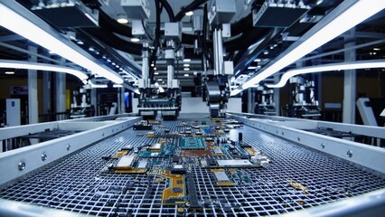 Fototapeta premium Robotic arms precisely handling circuit boards along automated conveyor in modern electronics manufacturing facility, demonstrating advanced industrial automation and technological precision