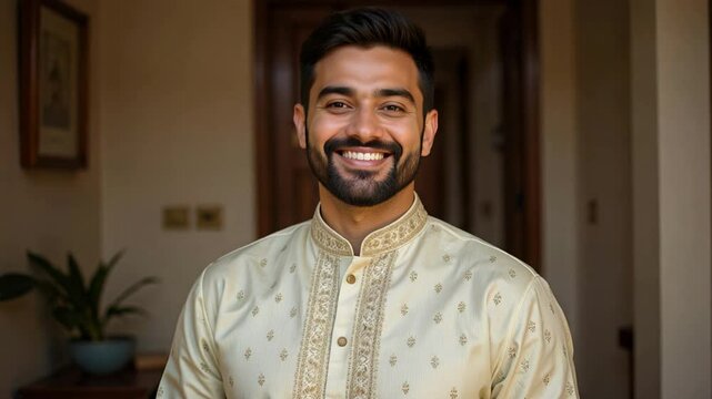 Confident Indian Man in Kurta with Subtle Print Smiling at Camera | Elegant Ethnic Style and Personality Captured in 4K Ultra HD Video Portrait