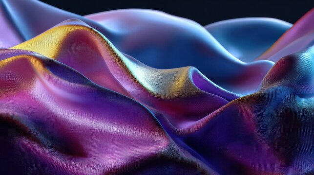 Abstract flowing waves of iridescent fabric with metallic sheen in purple blue and gold