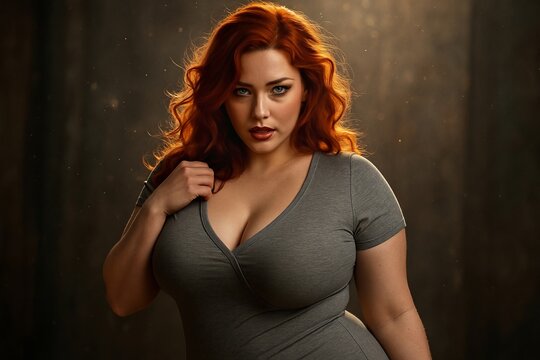 Beautiful redhead woman in dark long-sleeved dress poses confidently  with hand through curly hair in natural lighting.